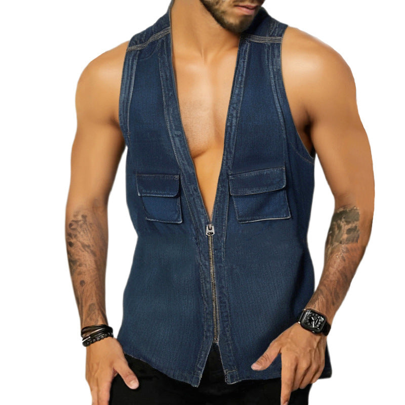 European And American Denim Vest Sexy V-neck Sleeveless Slim Denim Zipper Cardigan