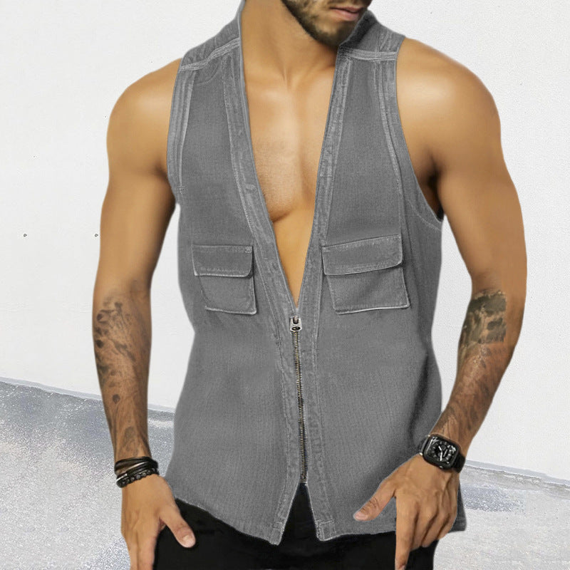 European And American Denim Vest Sexy V-neck Sleeveless Slim Denim Zipper Cardigan