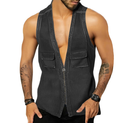 European And American Denim Vest Sexy V-neck Sleeveless Slim Denim Zipper Cardigan