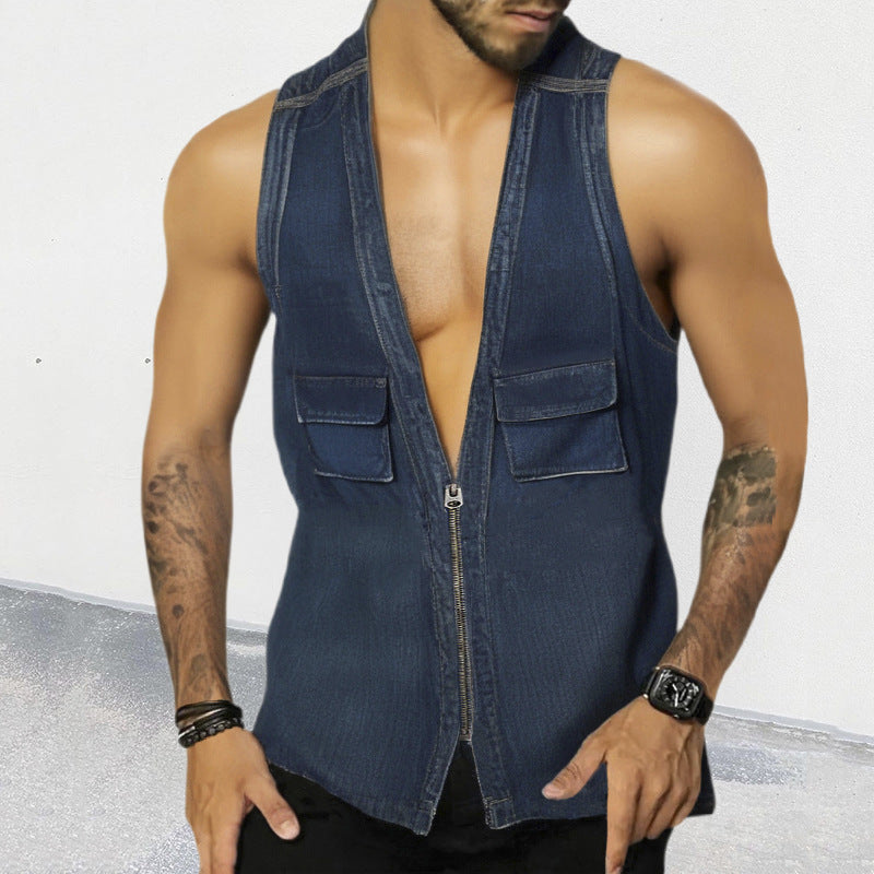 European And American Denim Vest Sexy V-neck Sleeveless Slim Denim Zipper Cardigan