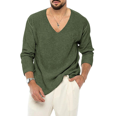 European And American V-neck Sweater Men's Solid Color Long Sleeve Fashionable Knitted Sweater