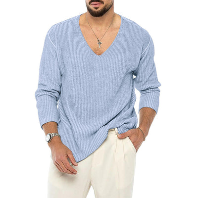 European And American V-neck Sweater Men's Solid Color Long Sleeve Fashionable Knitted Sweater