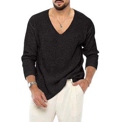 European And American V-neck Sweater Men's Solid Color Long Sleeve Fashionable Knitted Sweater