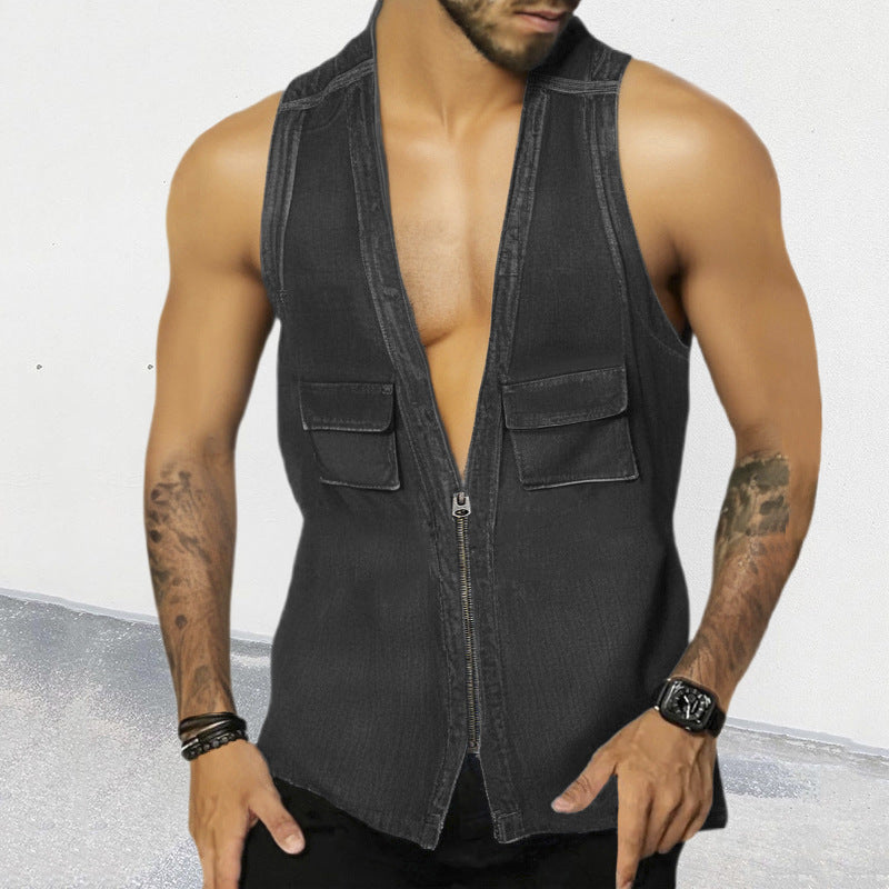 European And American Denim Vest Sexy V-neck Sleeveless Slim Denim Zipper Cardigan